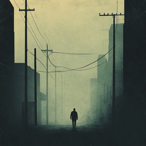 A solitary wanderer drifts through abandoned urban alleys, footprints echoing loneliness. Electronic drone and unsettling soundscapes mix with a plaintive violin to create an otherworldly, introspective atmosphere. Whispers and distant mechanical noises emphasize the surreal, disconnected environment.