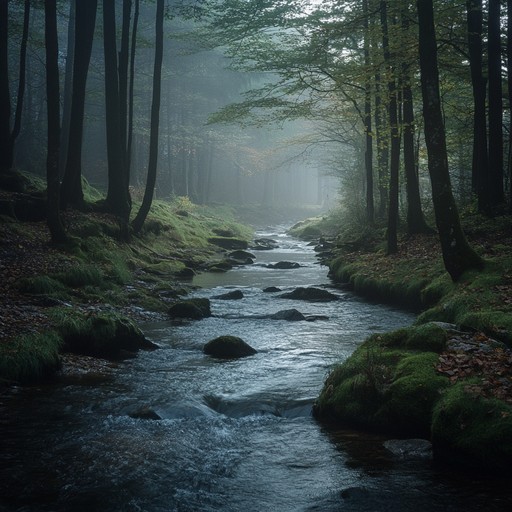 Imagine escaping to a peaceful riverbank as the first light of day illuminates the sky, where the only sound is the calming flow of water accompanied by delicate flute harmonies creating a serene atmosphere.