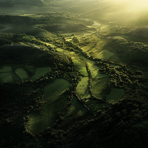 Alternate description grounding the listener directly into the early hours of a valley under a soft golden sunrise, with notes that personify the delicate rays touching the dew laden grass, invoking a sense of fresh beginnings and natural tranquility.