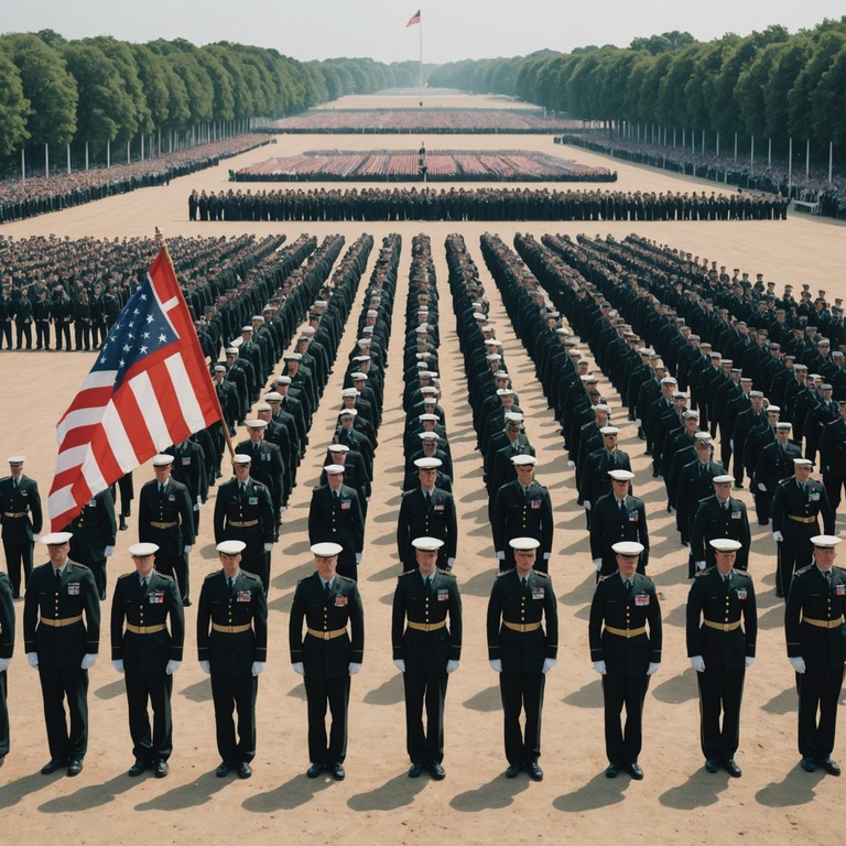 This instrumental track portrays a moving scene of optimism and forward looking enthusiasm within a military setting. The composition features stirring rhythms and bright melodies that invoke the pride and hopes of new recruits looking towards a promising future. The music progresses through moments of reflection to powerful, uplifting crescendos, symbolizing the journey from training to triumph.