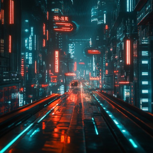 A relentless, high energy cyberpunk track featuring pulsating synths and intense beats, capturing the essence of a futuristic urban chase