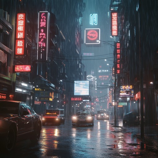 Experience a digital dystopia with pulsating rhythms and eerie synth melodies echoing through a neon lit, rain soaked industrial cityscape. The music captures the haunting beauty and underlying tension of a world ruled by technology and shadows.