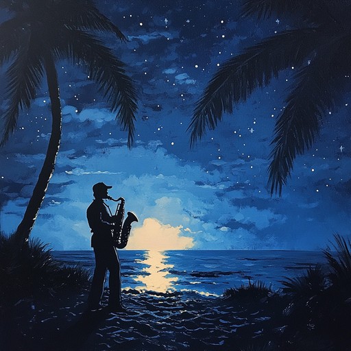 An evocative instrumental piece blending lush, ethereal melodies with pulsating latin jazz rhythms, creating a surreal, dreamlike experience that transports listeners to a tropical midnight reverie under the stars. The saxophone weaves through harmonic progressions, painting a vivid auditory picture.