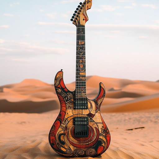 A pulsating track that fuses hard rock with exotic middle eastern melodies, creating a powerful and mystifying soundscape. The electric guitar shreds through the track with intensity, complemented by traditional percussive rhythms to evoke the desert's essence.