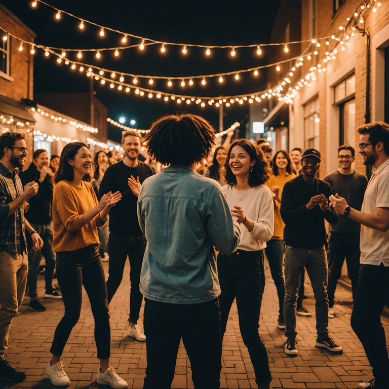 A joyous backyard party scene where everyone is clapping and stomping to create a lively musical experience. The setting is informal and full of laughter, dancing, and simple pleasures.