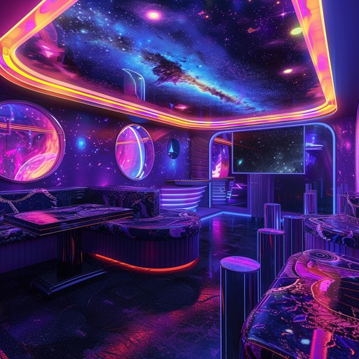 Journey through an interstellar party with driving basslines, ethereal synths, and futuristic rhythms immersing you in a vibrant, neon clad atmosphere.