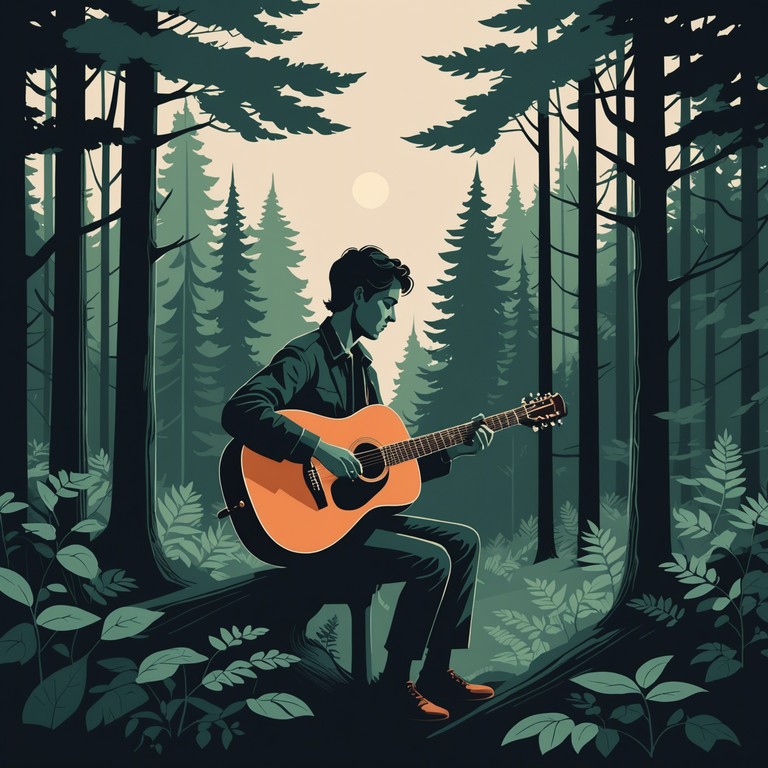 Imagine a soothing melody played on an acoustic guitar, merging subtly with the ambient sounds captured deep within an ancient forest. This composition is designed to transport listeners to a tranquil, almost mystical state, surrounded by nature's untouched beauty.