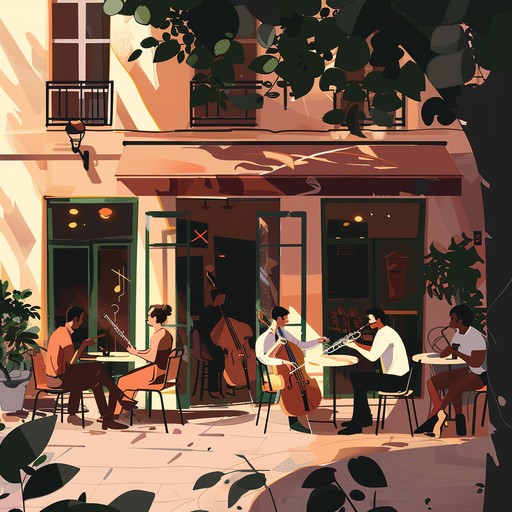 Relax on a bright terrace with soothing, cheerful jazz melodies from a saxophone and piano, creating a leisurely, sunlit atmosphere.