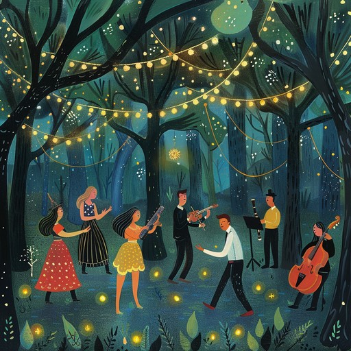 A spirited instrumental portraying a cheerful woodland gathering. It blends rustic folk instruments with unconventional sounds, resulting in an otherworldly, festive experience amidst nature.