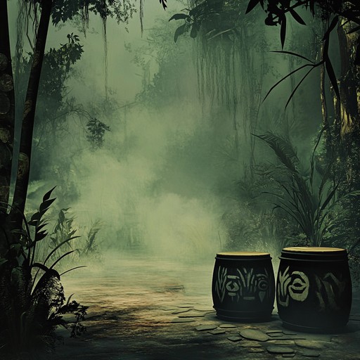 Immerse in eerie jungle ambience with tribal drums, haunting winds, mystic chants; an otherworldly journey through primal african forests echoing with spectral presences.