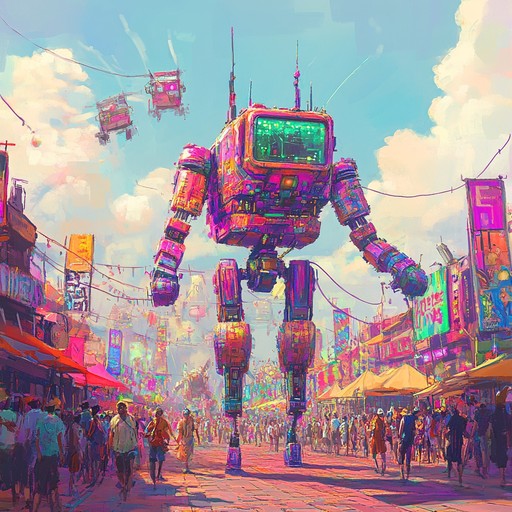 Engage in a whimsical, energetic electronic tune filled with quirky synths and vibrant melodies. An effervescent, playful track perfect for lively, joyous scenes with an animated carnival atmosphere.