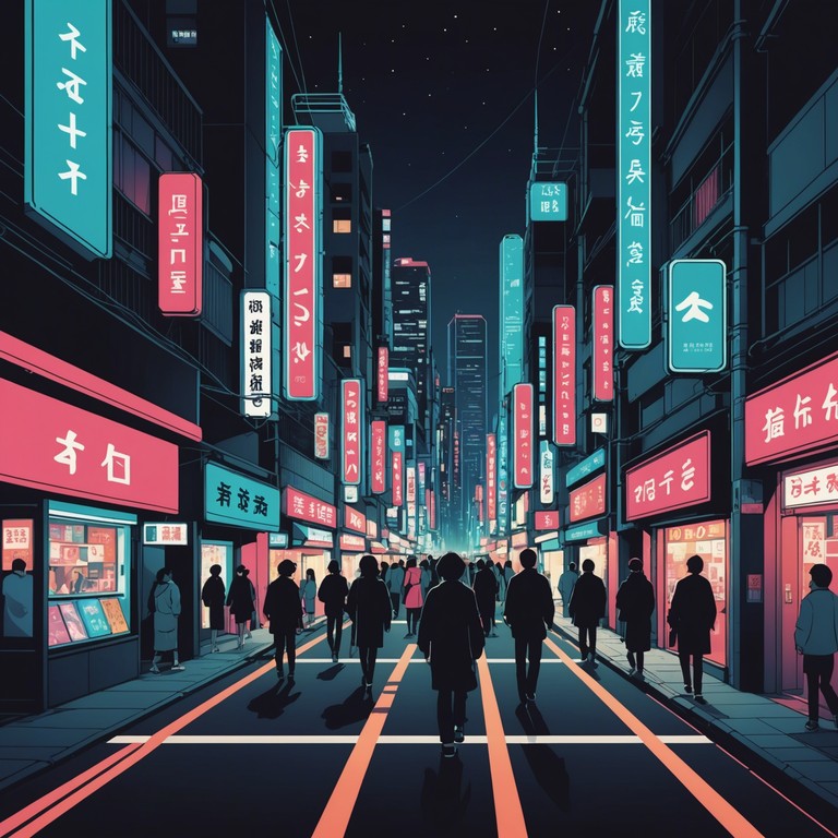 Imagine a vibrant track capturing the essence of tokyo at night, blending traditional japanese instruments with futuristic synths. The music represents the contrast between tokyo's deep rootal culture and its cutting edge modernity, creating a sonic journey through the city's illuminated skyscrapers and bustling streets at night.