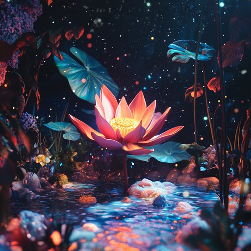 Embark on an ethereal voyage where meditative sitar sounds merge with shimmering synths, creating a tranquil and transcendent experience akin to a galactic blossom awakening.