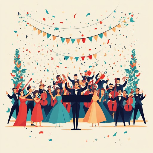 A vibrant classical symphony with intricate, speedy violin melodies and cheerful orchestral layers, evoking the excitement and joy of a grand celebration