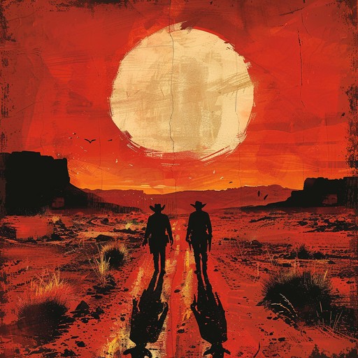 Two gunslingers face off in an intense standoff under the hot, oppressive desert sun. The acoustic guitar underscores the gravity and danger of the moment with taut, resonant strings and evocative, gritty melodies.