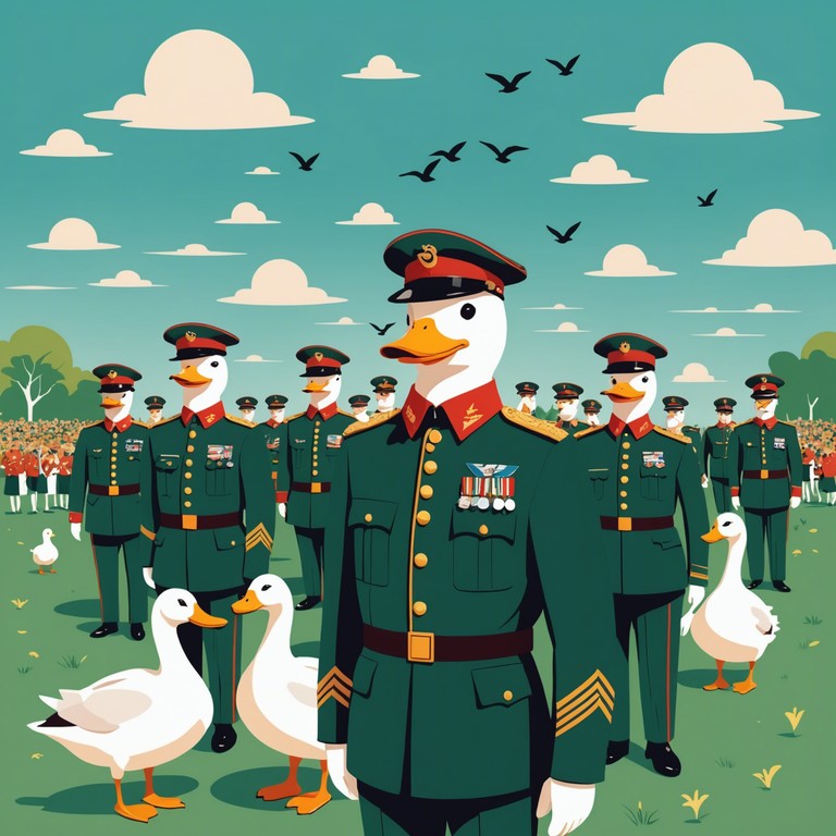 Imagine an incongruous blend where military precision meets whimsical charm. This piece features structured military rhythms infused with playful, unpredictable elements that capture the essence of a whimsical parade led by a brigade of ducks. The music swings between disciplined marches and sudden, playful bursts that mimic the quirky nature of ducks waddling through a parade ground. Ideal for evoking a smile with an underlying sense of order and tradition.