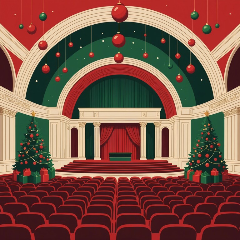 Imagine a grand hall adorned with festive decorations where a symphony plays jubilant, celebratory themes, capturing the essence of the holiday spirit. The music swells with the sounds of joy and community, echoing through the ornate space, evoking warmth and festive cheer among the audience.