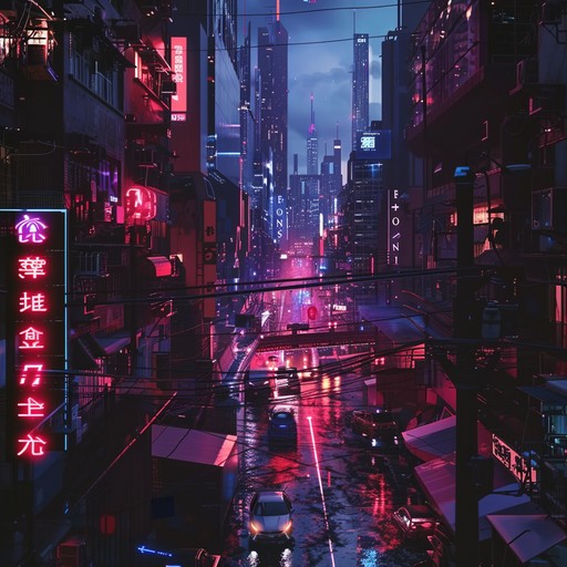 Immerse listeners in a high energy, adrenaline filled chase set in a neon lit cyberpunk city. Use pulsing synths, throbbing bass, and rhythmic elements to convey tension and urgency, capturing the essence of a high stakes urban pursuit.