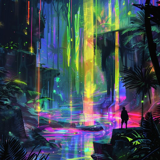 This track combines lush, sweeping synth pads with rhythmic electronic beats, evoking the feeling of wandering through a neon-lit rainforest at night. The music builds with layers of melodic synth lines and atmospheric effects to create a lush, immersive listening experience.