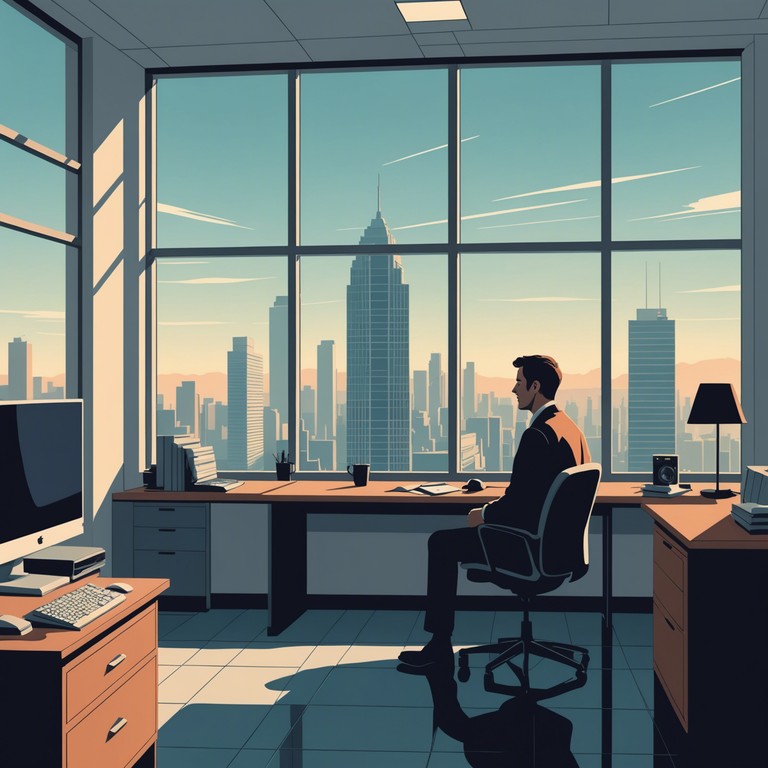 This track combines a gentle piano melody with subtle synthetic background elements, creating a soundscape that captures the essence of quiet ambition and longing in a corporate setting. The music encapsulates the aspirations of an employee gazing out of a skyscraper window, dreaming of possibilities beyond the immediate business vistas.