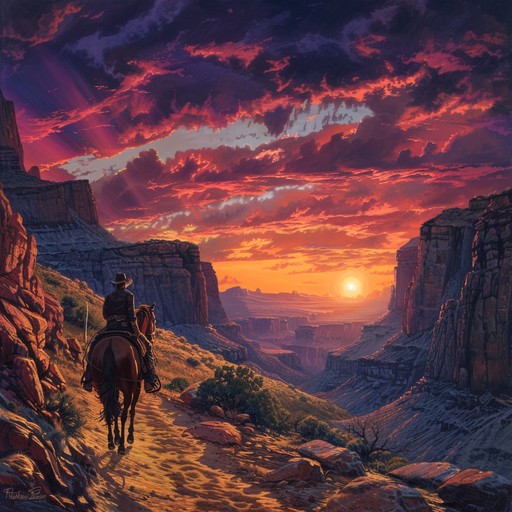 Embark on a breathtaking journey through the vast canyons of the old west as the sun sets, painting the sky in vibrant hues of orange and red. This instrumental track captures the essence of a lone cowboy riding his trusty steed, the sound of hooves echoing against the towering rock formations. The melancholic melody of a harmonica carries through the air, accompanied by the gentle strumming of an acoustic guitar and the soft, rhythmic brushing of percussion. As the song progresses, the arrangement builds, introducing the soulful cry of a lap steel guitar and the rich, warm tones of a cello, creating a sense of epic grandeur and emotional depth.