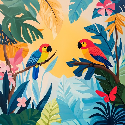 A whimsical instrumental piece evoking a playful island paradise, filled with enchanting melodies and rhythmic percussive elements that transport the listener to a magical tropical realm. Picture vibrant birds, lush scenery, and a sense of childlike wonder, all coming to life through intricate marimba patterns and danceable beats.