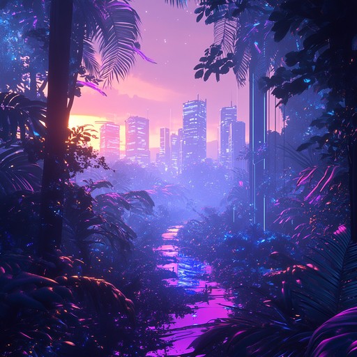 An instrumental synthwave track blending sitar with retro futuristic sounds, taking listeners on a journey through a cybernetic rainforest filled with mysterious energies and vibrant life.