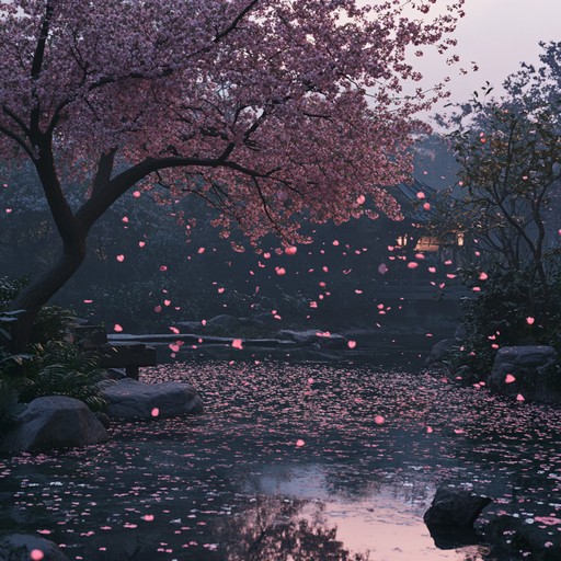 An instrumental piece that combines traditional japanese instruments with modern orchestration, capturing the ephemeral beauty of cherry blossoms falling in the twilight. The music starts softly with koto strings and gradually builds up with orchestral layers, creating a sense of nostalgia and bittersweet emotion.