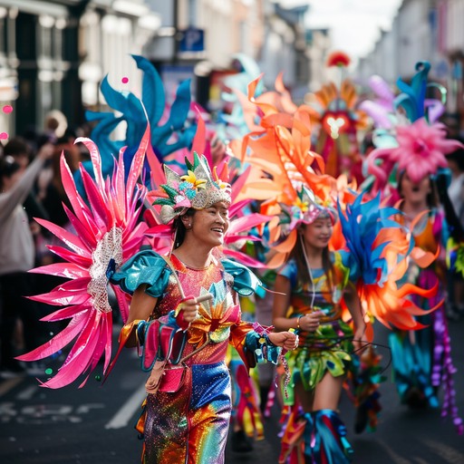 Feel the beat of urban samba rhythms during a lively street parade. Picture colorful floats and dancers moving in sync, as the pulsating beats of samba drums fill the air. Ecstatic cheers and melodious brass create a festive ambiance that captures the essence of city celebrations.