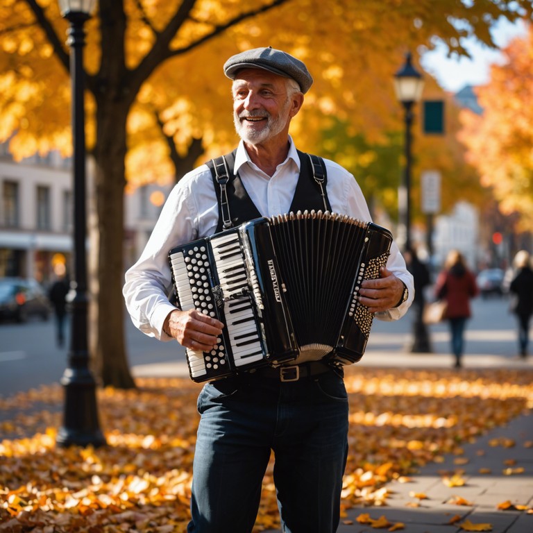 Imagine stepping into a whirlwind of leaves, each step setting off another swirl of warm colors, accompanied by the sprightly sounds of an accordion playing a classical waltz, lifting spirits and inviting all to partake in the dance of fall.