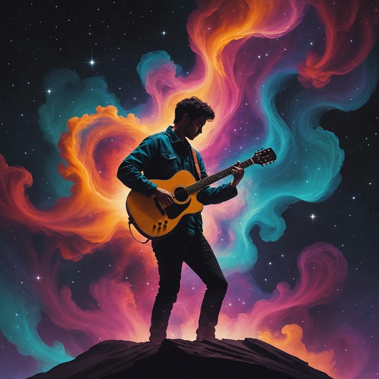 Let yourself drift among the galaxies with this magical composition guided by the soft strums and digital whispers of a guitar that knows no worldly bound. Suggestions of distant celestial events and storytelling prowess of a timeless wandering musician merge in harmony.