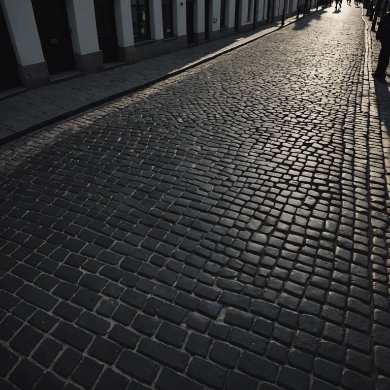 Imagine a desolate, cobblestone street in an ancient european town under the ghostly moonlight, where soft, eerie whispers combine with the faint echo of footsteps, creating an unnervingly quiet soundscape that hints at long forgotten tales and secrets. The air is thick with a chilling mystery, almost as if the very stones themselves are speaking daunted whispers of the past