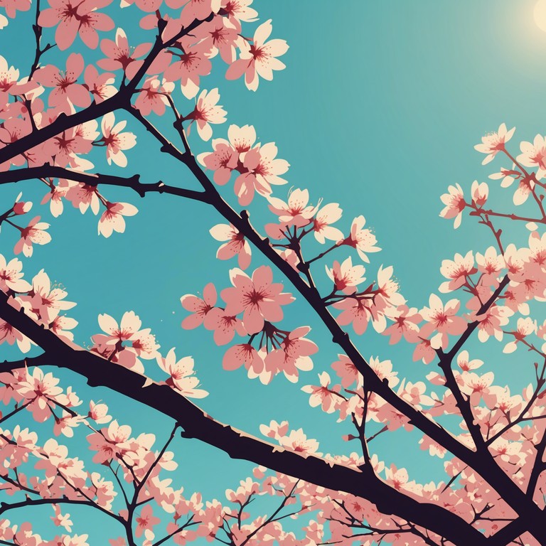 Imagine a musical piece that encapsulates the tranquility and soft beauty of cherry blossoms at peak bloom, creating an ambient soundscape perfect for reflective moments in anime.