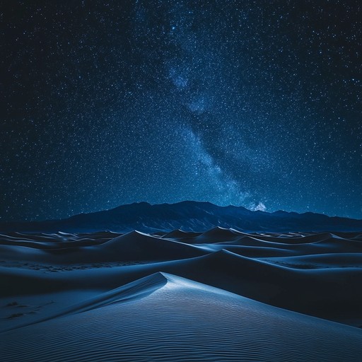 This instrumental blends soft rock with middle eastern scales, featuring electric guitar melodies over ambient synths, evoking suspense and mystery in a desert landscape at night.