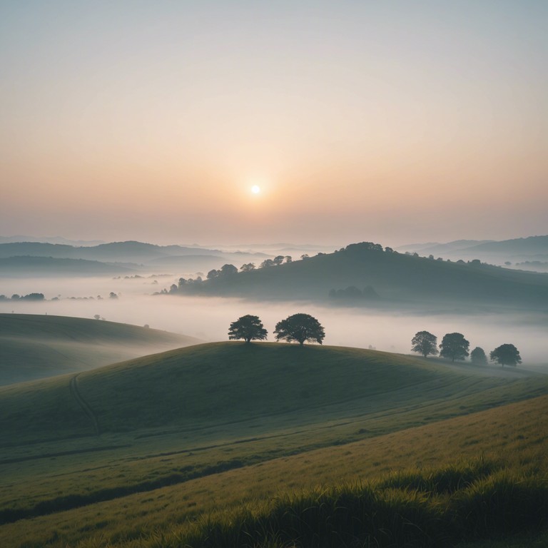 This instrumental folk song captures the essence of an early morning in the countryside, with gentle melodic lines that mimic the serene feeling of watching a sunrise over lush green meadows. The composition uses a solo acoustic guitar to create a warm, comforting atmosphere, evoking images of dew covered grass and the quiet peace of dawn.