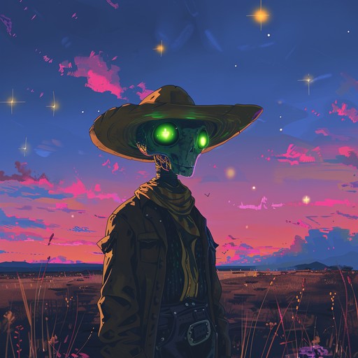 A captivating blend that merges traditional country instrumentation with futuristic synthesizers, creating a sonic landscape where the open plains meet the vast expanse of space. Expect twanging guitars intertwined with shimmering synths and a subtle beat, evoking imagery of interstellar travels and neon lit prairies.