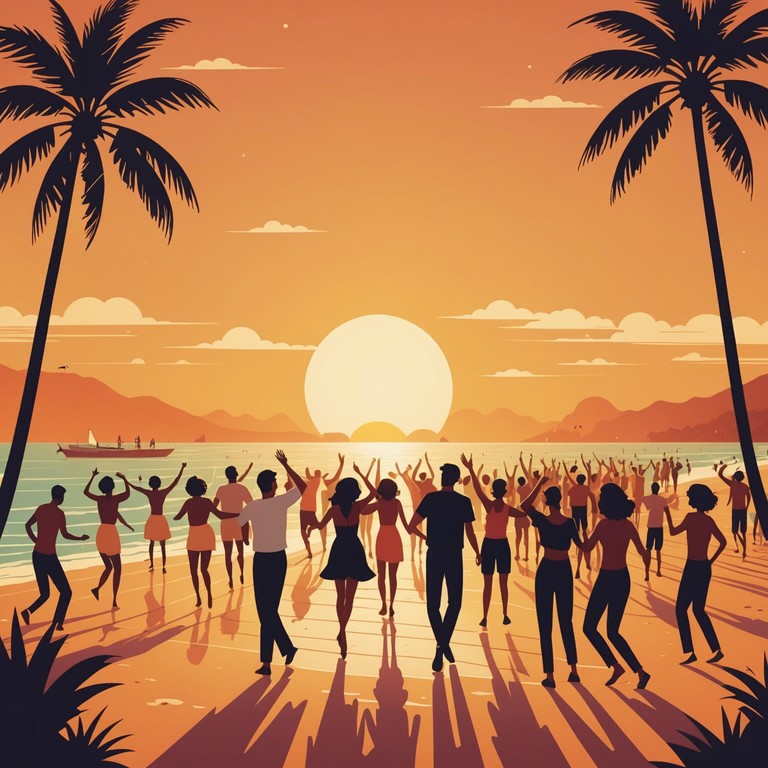 The soundtrack of a perfect beach party, with the music evoking the lively spirit of salsa dancing under a beautiful sunset, reinforcing the connection between music, nature, and celebration.