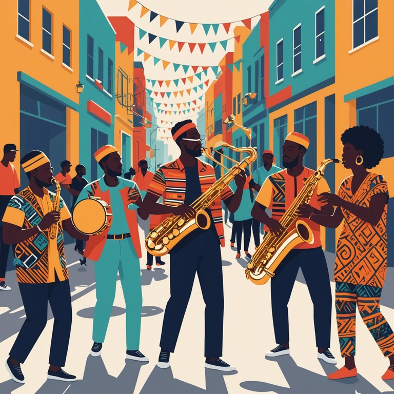 A spirited composition where energetic brass sections intertwine with afrobeat’s vibrant rhythms, suggesting scenes from a bustling, colorful street festival.