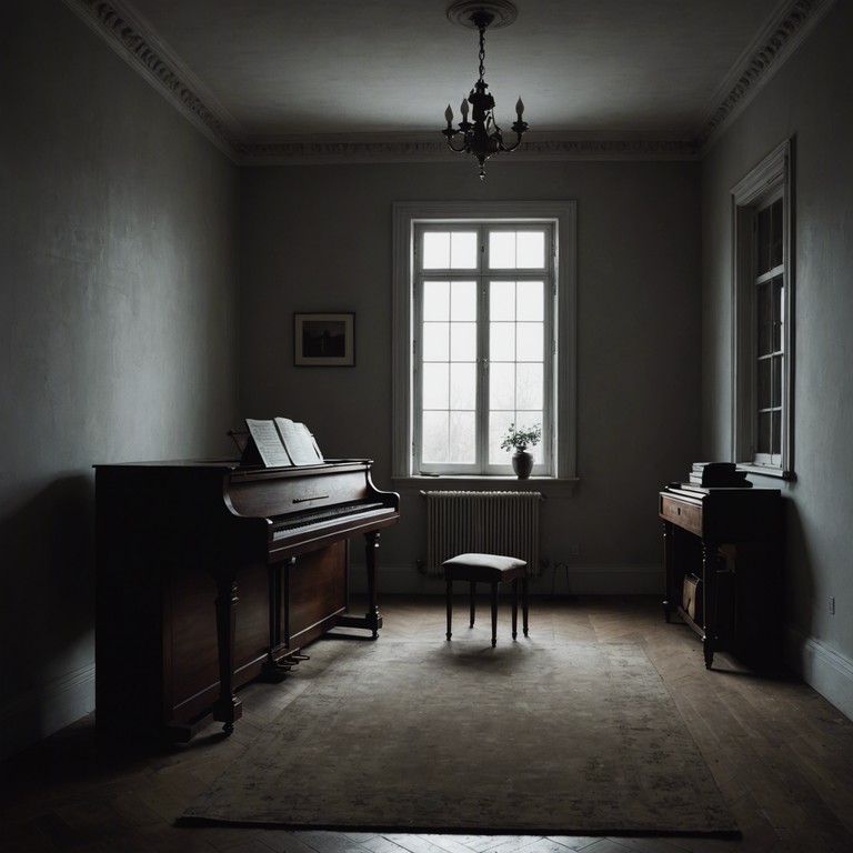 In a softly lit bedroom, the sound of a haunting piano melody intertwines with the distant noise of the city, creating an atmosphere filled with mystery and contemplation. The composition evokes images of late night introspection and unresolved thoughts that linger in the air like the cool night breeze. The music is minimalistic, using silences as effectively as sounds to paint a vivid soundscape of nocturnal wonder.