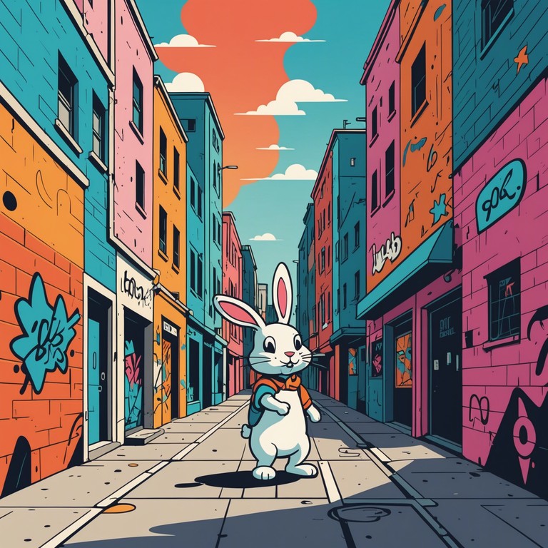 Imagine a musical interpretation of a whimsical rabbit’s journey through a bustling metropolis. Each synth note and bass drop illustrates the playful, yet challenging, adventure filled with dynamic energy and a bit of humor.