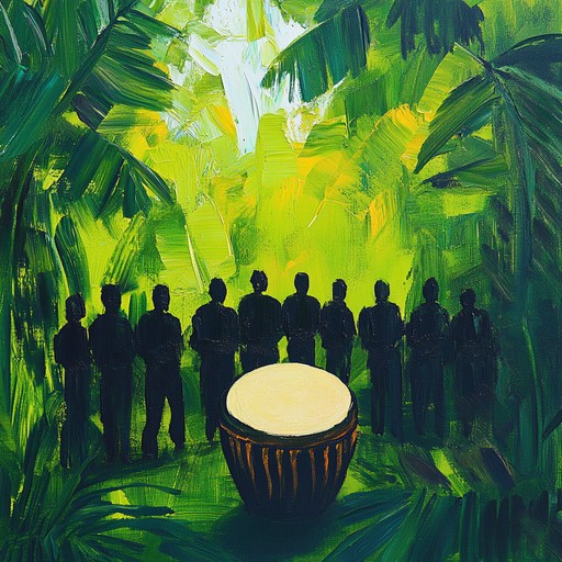 A captivating gospel hymn incorporating jungle sounds, animal calls, and traditional african percussion for an exotic spiritual experience