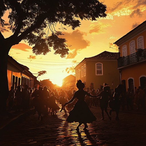 Imagine a bustling street scene as the sun sets, filled with the vibrant, pulsating rhythms of a brazilian carnival. The music captures the joy and vivacity of samba, as dancers whirl in brightly colored costumes.