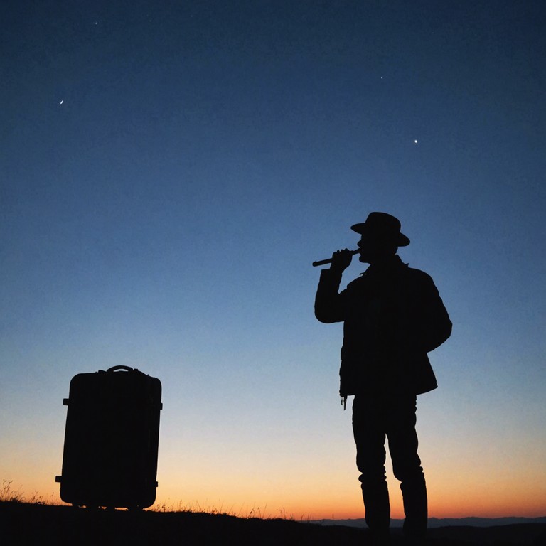 A vibrant country music piece centered around the soulful tones of a harmonica, painting a picture of a journey along endless roads. It tells a story of freedom, wide open spaces, and the exhilarating experience of exploring the unknown.