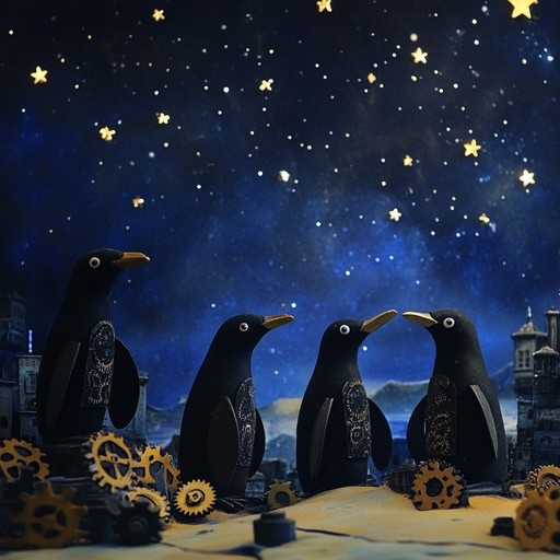 An unusual instrumental featuring whimsical sounds portraying mechanical penguins on a quiet march, combining toy instruments and experimental melodies to create an enchanting and eccentric atmosphere