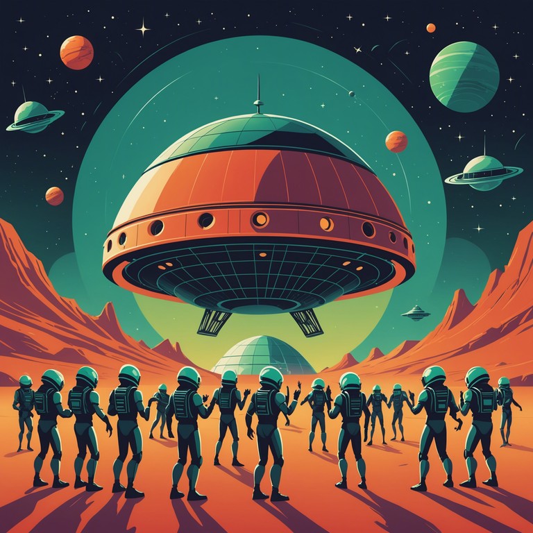 Envision a lively musical escapade on mars, with mambo rhythms giving life to the barren yet visually arresting landscapes, offering a soundtrack for galactic dances and cheerful escapades.