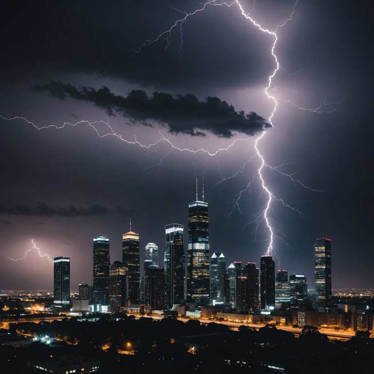 Imagine a futuristic cityscape under a tempestuous sky, where the rolling thunder mirrors the powerful, pulsating beats of drum n bass. Each note captures the electric aura of neon lights flickering in the storm, blending high energy rhythms with atmospheric, synthetic tones that evoke a feeling of both exhilaration and foreboding.