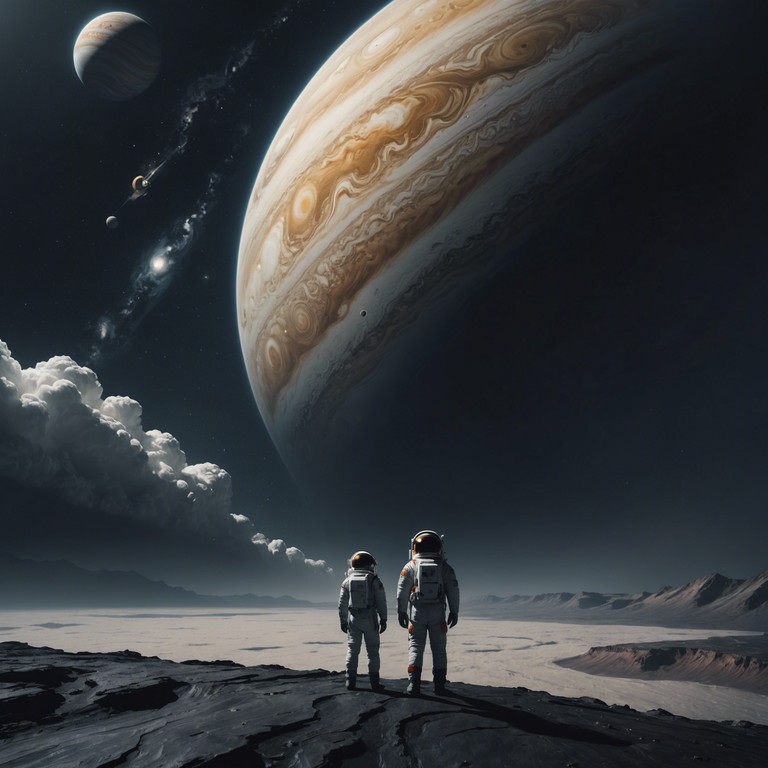 Imagine drifting through the mysterious and vast expanse of space around jupiter, with ethereal synths creating a soothing yet intriguing atmosphere. Subtle rhythmic pulses mimic the enigmatic energy fields of the gas giant, both relaxing and captivating the listener.