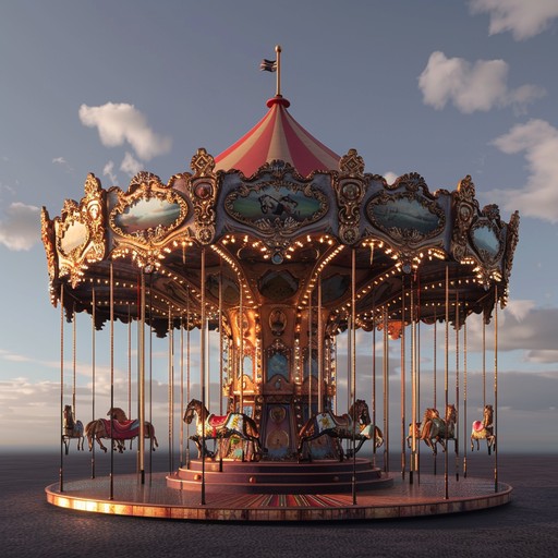 An old, abandoned carnival comes to life at night, with a ghostly carousel spinning and playing a twisted, off-key waltz. The rusted gears creak and groan as the music box melody echoes through the empty fairgrounds, inviting lost souls to join in a never-ending, macabre dance.