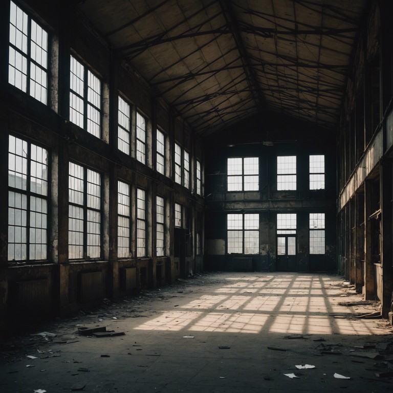 In this track, the haunting reverberations of a desolate factory come alive with brooding industrial rock. Fused with the solitary sounds of an electric guitar, every strum reflects echoes of past machinations set against a heavy, dark musical backdrop. The mood is set to mirror the solemn watchfulness of an industrial wasteland where machinery once thrived.