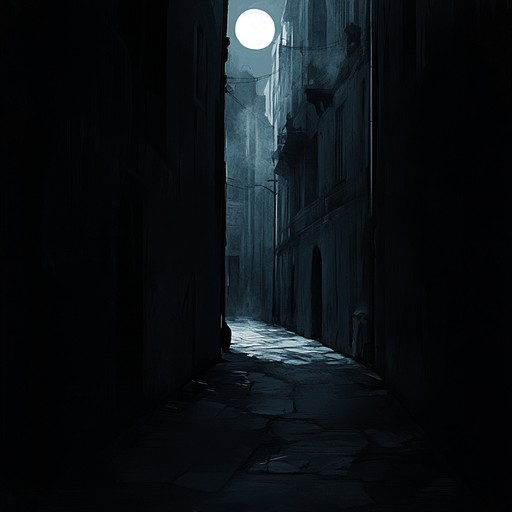 An eerie blend of haunting saxophone melodies intertwined with unsettling piano chords, painting a suspenseful picture of a deserted midnight alley bathed in moonlight. Ghostly ambient notes drift in the background, enveloping the listener in an enigmatic suspenseful aura.